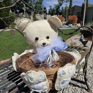 Felt Plush Bear Basket with Decorative Bow - Cream and Blue